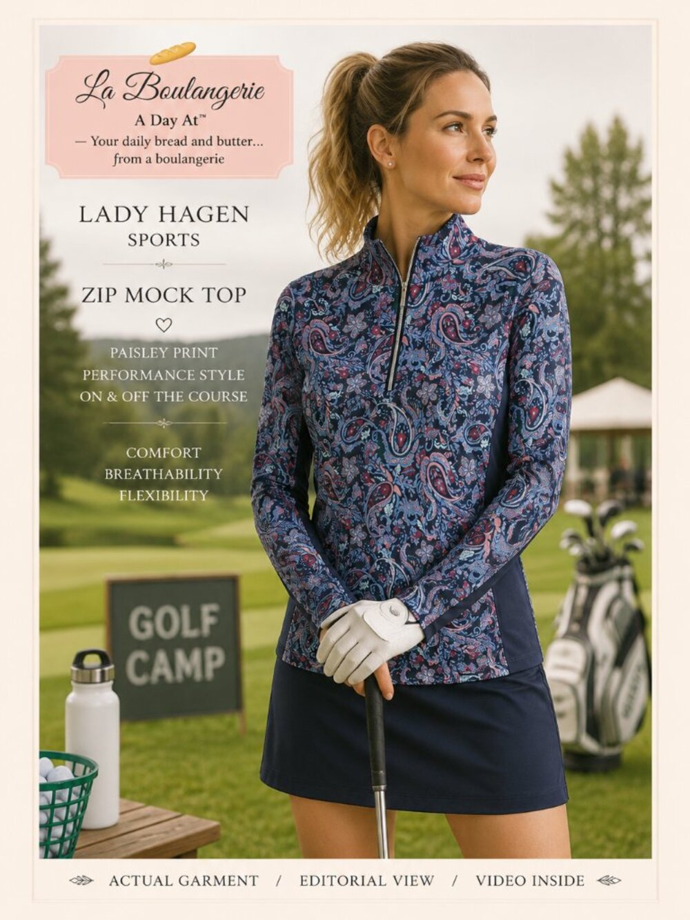 Lady Hagen Athletic Paisley Quarter Zip Long Sleeve Performance Top Blue Pink L